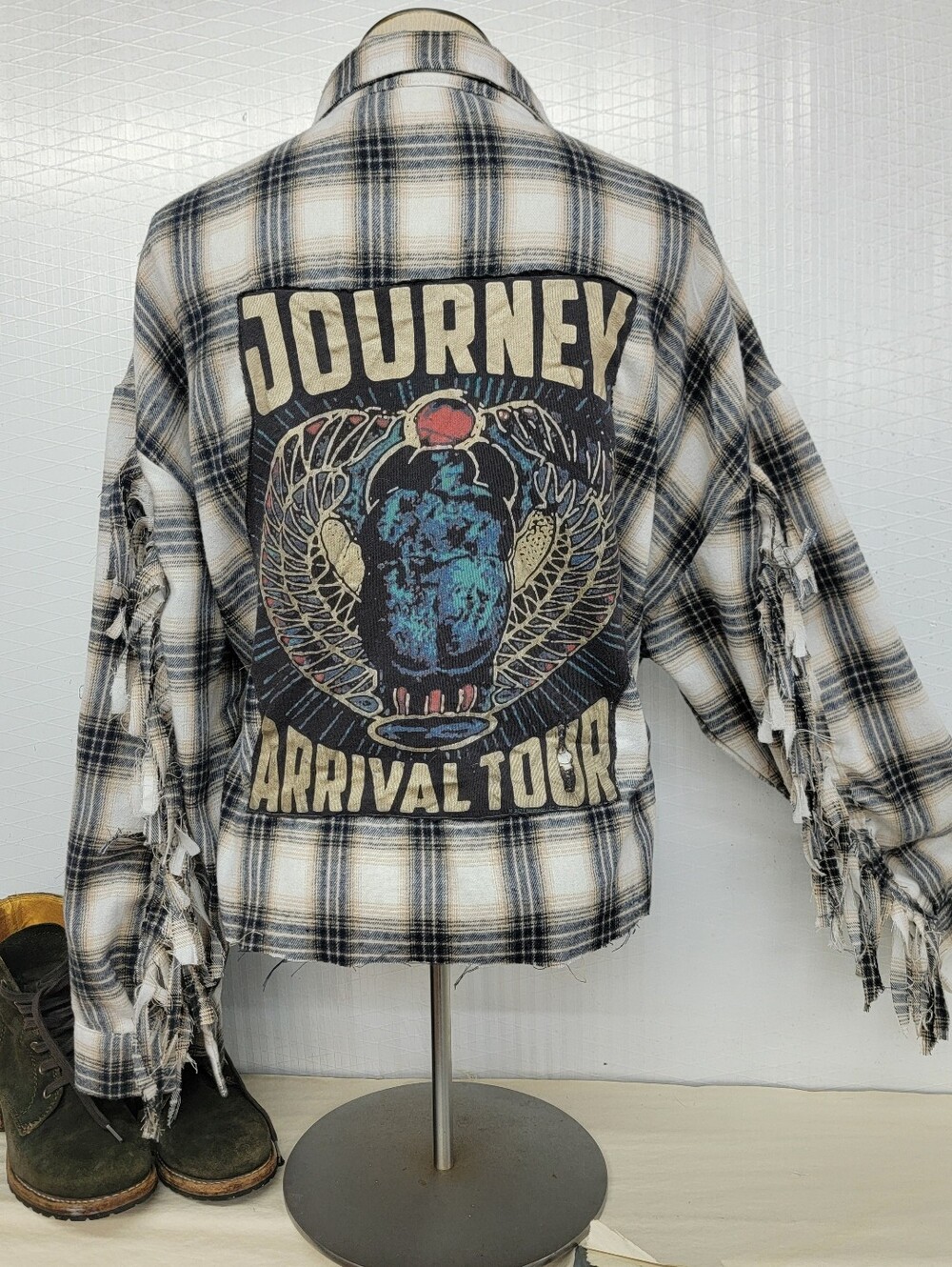 Journey 'Arrival Tour' Plaid Fringe Flannel Shirt  Jacket Shacket - Upcycled